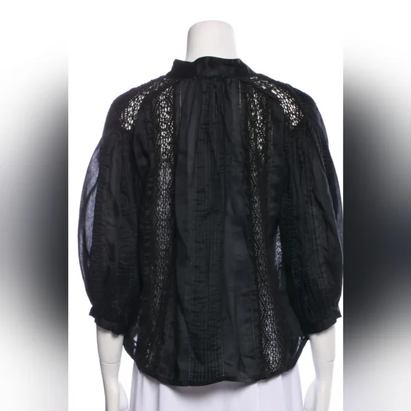 FRAME Cali Lace Popover Blouse Top V neck Black 3/4 sleeve Boho Flowy Fit L - Picture 4 of 14